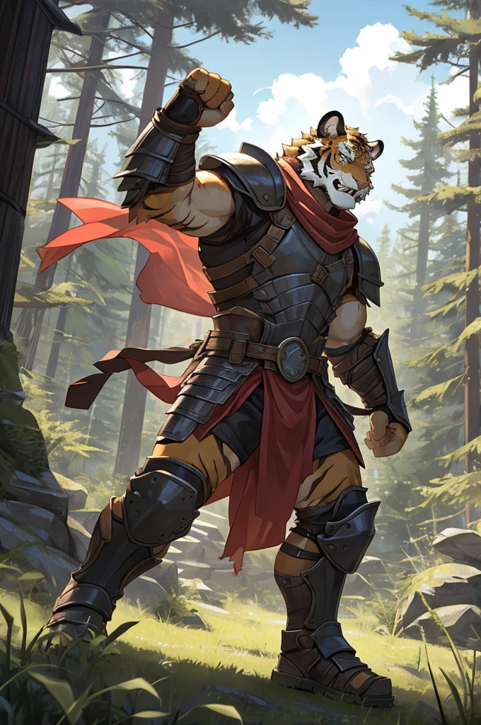 Tiger,Young Adults,Strong,handsome,warrior,Sexy body,Golden fur,Huge penis,Bare chest and abdomen,Bare legs,unarmed,Very cool to wear,Revealing clothing,毛茸茸的Tiger爪,Extremely revealing clothing(Scapula,Armor knee pads,Red torn shawl,No pants),expression(vigilante,Gnashing of teeth),action(Standing,vigilante),Alone,angry,Challenge the camera character to a duel,environment(Clearing in open forest,There are sparse low weeds around,There are pine trees in the distance),good-looking,masterpiece,Very detailed,best quality,No pants,下身穿戴Armor knee pads,Scantily clad.