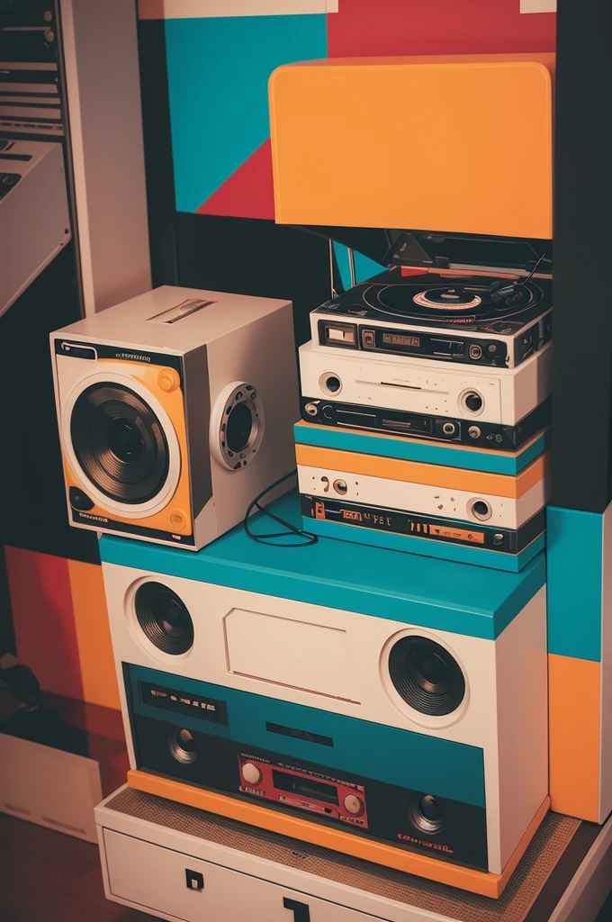 A graphic design with retro elements, like cassette tapes, discos de vinil, and abstract geometric shapes, using a soft, warm color palette. Set in the 90s