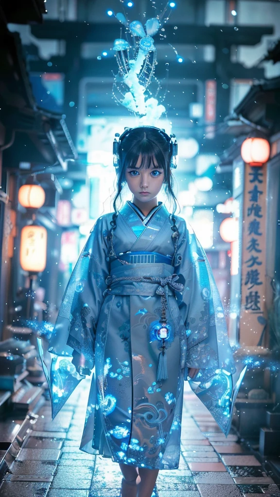 Ultra-detailed, master piece, best quality, high resolution,  detailed eyes, detailed face, (Neo Tokyo:1.5), (Cyberpunk:1.5), (Fusion with Machine:1.5), , very pretty and beautiful, girl with mysterious atmosphere, ghost,  in appearance, graceful in traditional Japanese costume and design, (beautiful light blue eyes:1.5), (light blue plasma around her:1.5), bio-mechanical, traditional Japanese room with elegance, long black hair, bangs, face, hands, design and (light blue plasma surrounds), biomechanical, Japanese traditional noble Japanese room, long black hair, bangs, face, hands, designs and decorations are detailed and clearly drawn, ultra realistic and realistic image with super high resolution