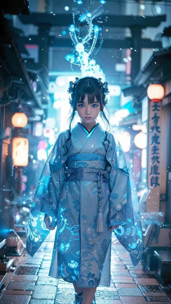 Ultra-detailed, master piece, best quality, high resolution,  detailed eyes, detailed face, (Neo Tokyo:1.5), (Cyberpunk:1.5), (Fusion with Machine:1.5), 12 years old, very pretty and beautiful, girl with mysterious atmosphere, ghost,  in appearance, graceful in traditional Japanese costume and design, (beautiful light blue eyes:1.5), (light blue plasma around her:1.5), bio-mechanical, traditional Japanese room with elegance, long black hair, bangs, face, hands, design and (light blue plasma surrounds), biomechanical, Japanese traditional noble Japanese room, long black hair, bangs, face, hands, designs and decorations are detailed and clearly drawn, ultra realistic and realistic image with super high resolution