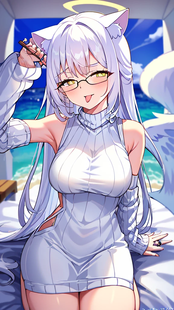 A 20-year-old female angel with long, white hair, yellow eyes, white cat ears, and large white angel wings. yellow halo ring round white glasses (White halter turtleneck sweater, white purekiller sweater, sleeveless, sexy backless sweater, white dress) White arm warmers, stick out tongue, bedroom