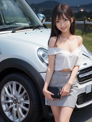 TOP quality,8K, masterpiece, (realistic:1.2), (1girl, chibi:1.2), 20yo,(laugh:1.5),(tight mini dress, cleavage, squatting:1.3),(car),(street)