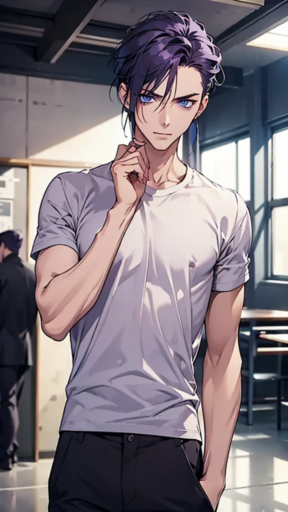boy、、Slim body、Dirty white t-shirt、Black trousers、Purple Bob Hair、Blue Eyes、Dark look、Concrete Room