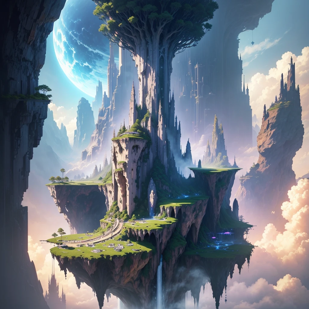 A huge fantastical sci-fi city, aether city, floating aerial metropolis,Skyscrapers、Huge construction,Super huge waterfall,god秘的,Fantasy, towering skyscrapers, massive waterfall, celestial planets in the sky, surrounded by clouds, cosmic architecture, violet energy scars around, great evolution,Infinite World,god々,central massive castle, astral sky