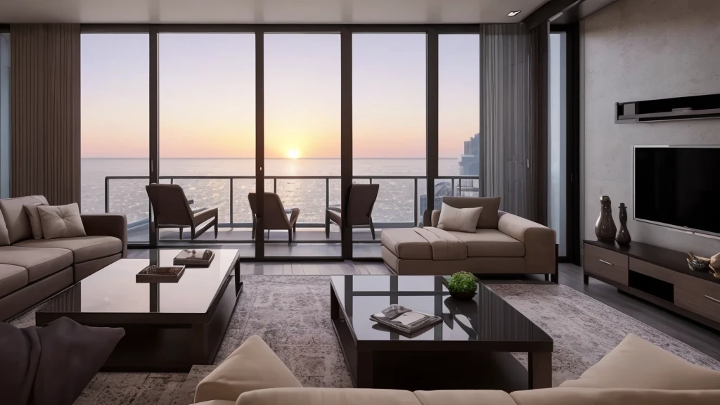 arafed view of a living room with a couch and a coffee table, sunset view, insanely detailed rendering, unreal engine realistic render, luxury condo interior, unreal engine ; romantic theme, luxurious environment, ocean view, v - ray render 8 k uhd, cinematic render unreal engine, penthouse, breathtaking render, architectural visualization, cinematic rendering