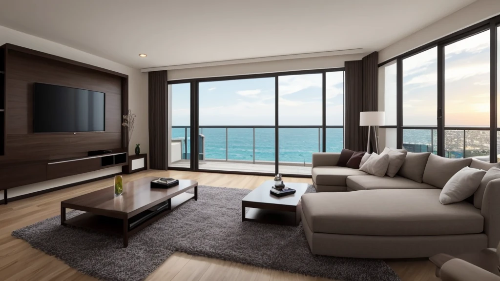 arafed view of a living room with a couch and a coffee table, a digital rendering by Robert Koehler, shutterstock, conceptual art, sunset view, insanely detailed rendering, unreal engine realistic render, luxury condo interior, unreal engine ; romantic theme, luxurious environment, ocean view, v - ray render 8 k uhd, cinematic render unreal engine, penthouse