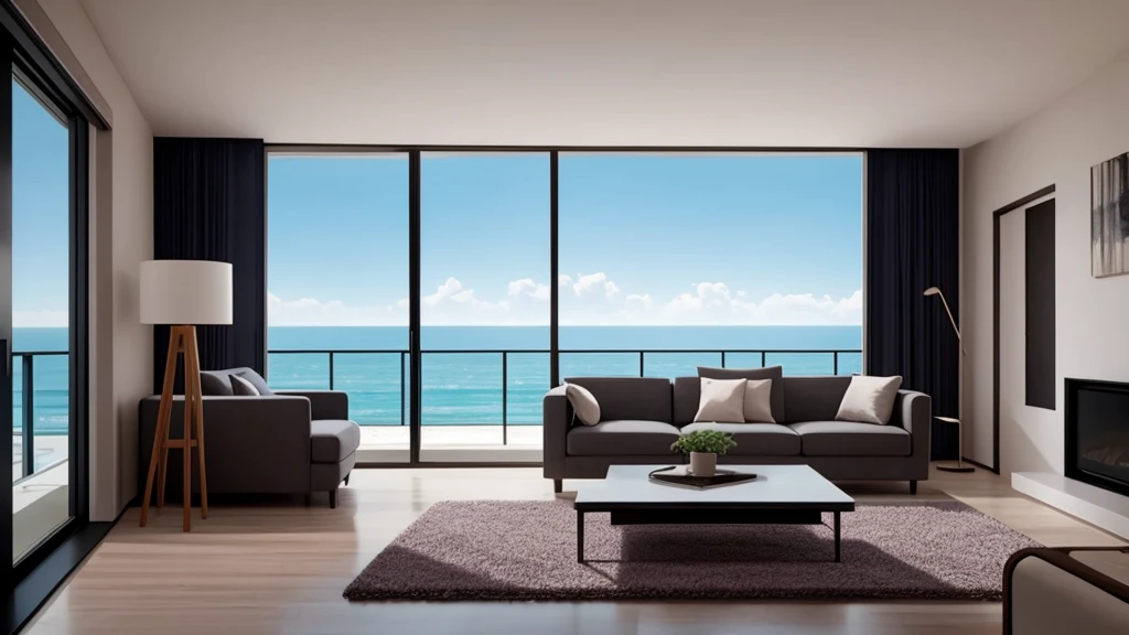 arafed view of a living room with a couch and a coffee table, a digital rendering by Robert Koehler, shutterstock, conceptual art, sunset view, insanely detailed rendering, unreal engine realistic render, luxury condo interior, unreal engine ; romantic theme, luxurious environment, ocean view, v - ray render 8 k uhd, cinematic render unreal engine, penthouse
