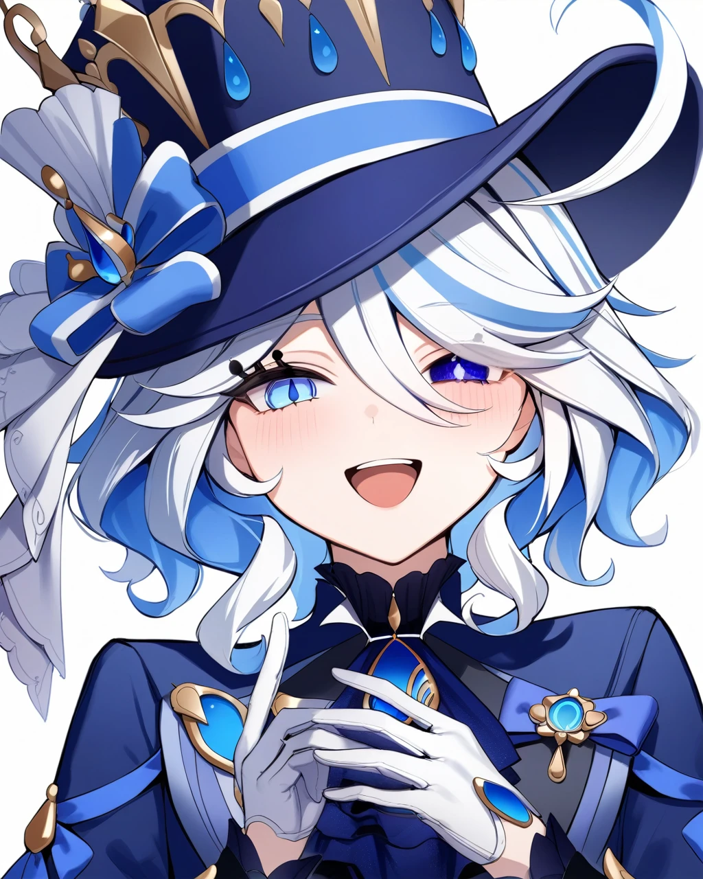 masterpiece,best quality,1girl, furina \(genshin impact\), genshin impact, cowlick, top hat, blue jacket, blue ascot, blue brooch, kodona, simple background, open mouth, blue headwear, streaked hair, upper teeth only, solo, long hair, light blue hair, white background, smile, white hair, ahoge, mismatched gloves, white gloves, long sleeves, hair between eyes, blue gemstone,