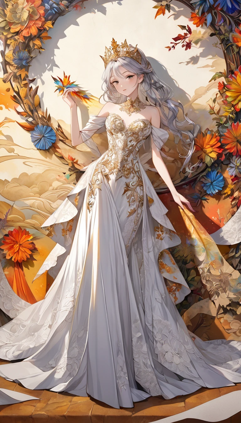 artwork with vibrant colorful colors, best quality, super fine, 16k, 2.5D, delicate and dynamic depiction, beautiful queen, silver half-up hair, attractive and seductive expression, glamorous slender body, Northern Renaissance, long evening dress made of lace with gold embroidery, accessories, elegant effects, fusion of watercolors and oil paintings, fusion of paper cutting and shadow puppetry, detailed decorated backgrounds, texture of old paper