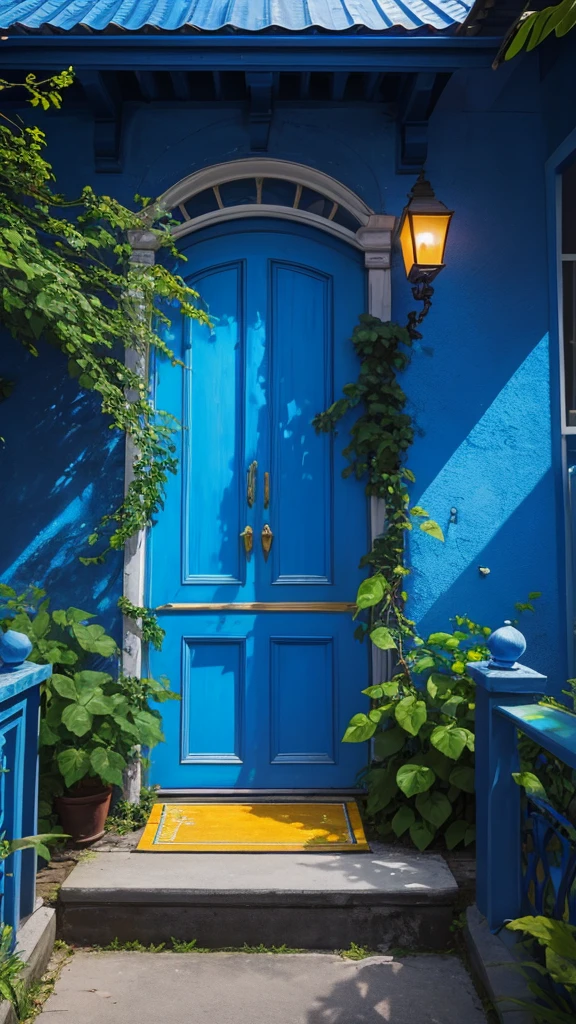 (masterpiece,Highest quality:8K) there is a blue door with a tree and oranges on it, blue and yellow theme, blue color theme, blue door, blue and yellow color theme, magical colours and atmosphere, magical colors and atmosphere, blue themed, blue theme, incredible colors, blue colors, azure tones, vibrant but dreary blue, blue colours, details and vivid colors, rich blue colors Very mysterious