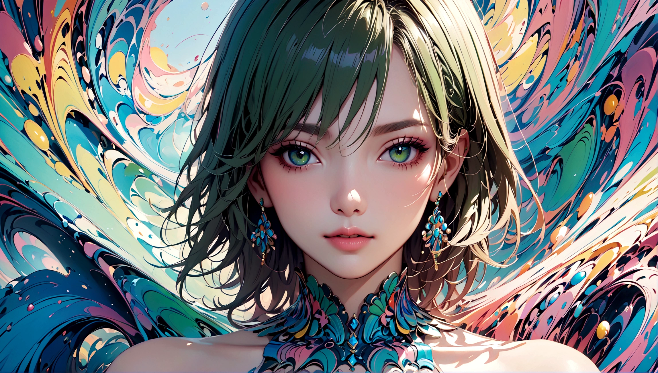 (masterpiece, top quality, best quality, official art, beautiful and aesthetic:1.2),(1girl,upper body:1.3),extreme detailed,(abstract art:1.2),colorful,highest detailed,blue and green,