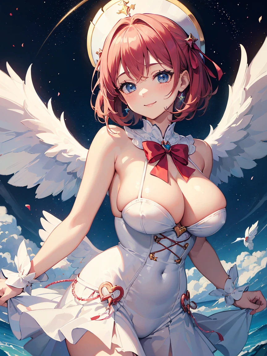 ((Masterpiece)),(Best Quality),(Highest resolution),(8K),(Clean lines),(Perfect Face,Perfect meat),(Official Art),(Magical girl),, 8-year-old, Cute white outfit, Short Hair, ribbon, huge breasts, Fat, Cowboy Shot,Big angel wings, Night Sky, smile