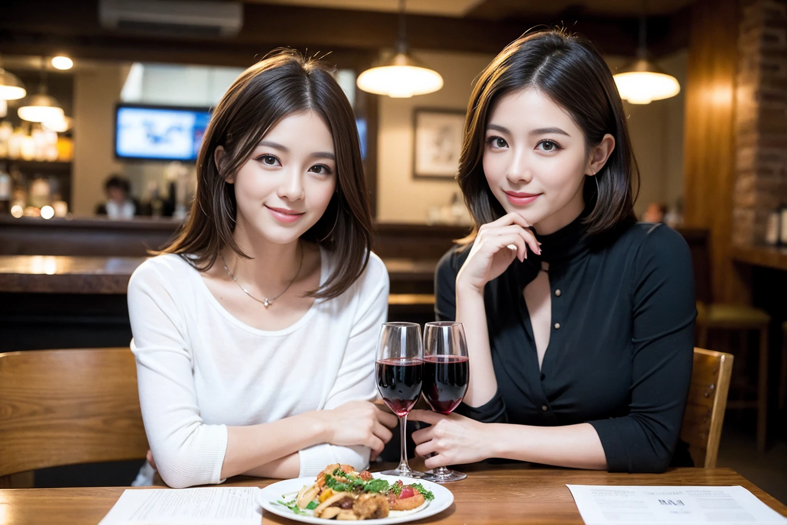 ((Highest quality、8K、masterpiece:1.3))、Yuuko Araki、slimカップル、ピンクmodelカップル、(Realistic, Intricate details:1.2), full-course dinner、Wine Party、Amazing view of the sunset sky and clouds、A bright smile、The wonderfulness of smile、Bright image、The beauty of wine, Beautiful Face, blue eyes, The light shines on your face, Blushing, short hair,Bright Face、42 years old,40 years old, red wine 、Appetizers、Italian food、Wine bottle、Champagne、sparkling wine、Two beauties、Brown Hair、Shortcuts、Long sleeve shirt、dress、Beautiful woman 1, (slimな顔), (The body is slim), (Brown Hair), (Shortcuts), cheeks turn a little red,Attractive beauty、restaurant, In a prominent place (From the waist up) Nova Frog Style, actress, model, Upper Body, White wine, slim, wine glass, 中央に置かれたwine glass, smile, (smile: 1.15), Beautiful fine grain, Depth f/2,saturation, High Contrast, Strong light and shadow,Moist Body:1.5、3D texture、Delicate eyes、Brown Hair、The hair is very shiny、