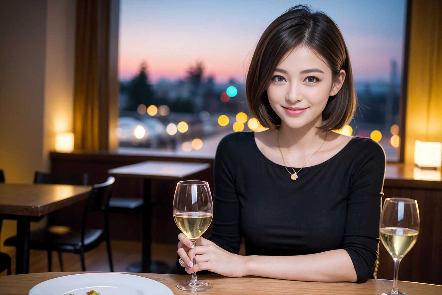 ((Highest quality、8K、masterpiece:1.3))、Yuuko Araki、slimカップル、ピンクmodelカップル、(Realistic, Intricate details:1.2), full-course dinner、Wine Party、Amazing view of the sunset sky and clouds、A bright smile、The wonderfulness of smile、Bright image、The beauty of wine, Beautiful Face, blue eyes, The light shines on your face, Blushing, short hair,Bright Face、42 years old,40 years old, red wine 、Appetizers、Italian food、Wine bottle、Champagne、sparkling wine、Two beauties、Brown Hair、Shortcuts、Long sleeve shirt、dress、Beautiful woman 1, (slimな顔), (The body is slim), (Brown Hair), (Shortcuts), cheeks turn a little red,Attractive beauty、restaurant, In a prominent place (From the waist up) Nova Frog Style, actress, model, Upper Body, White wine, slim, wine glass, 中央に置かれたwine glass, smile, (smile: 1.15), Beautiful fine grain, Depth f/2,saturation, High Contrast, Strong light and shadow,Moist Body:1.5、3D texture、Delicate eyes、Brown Hair、The hair is very shiny、