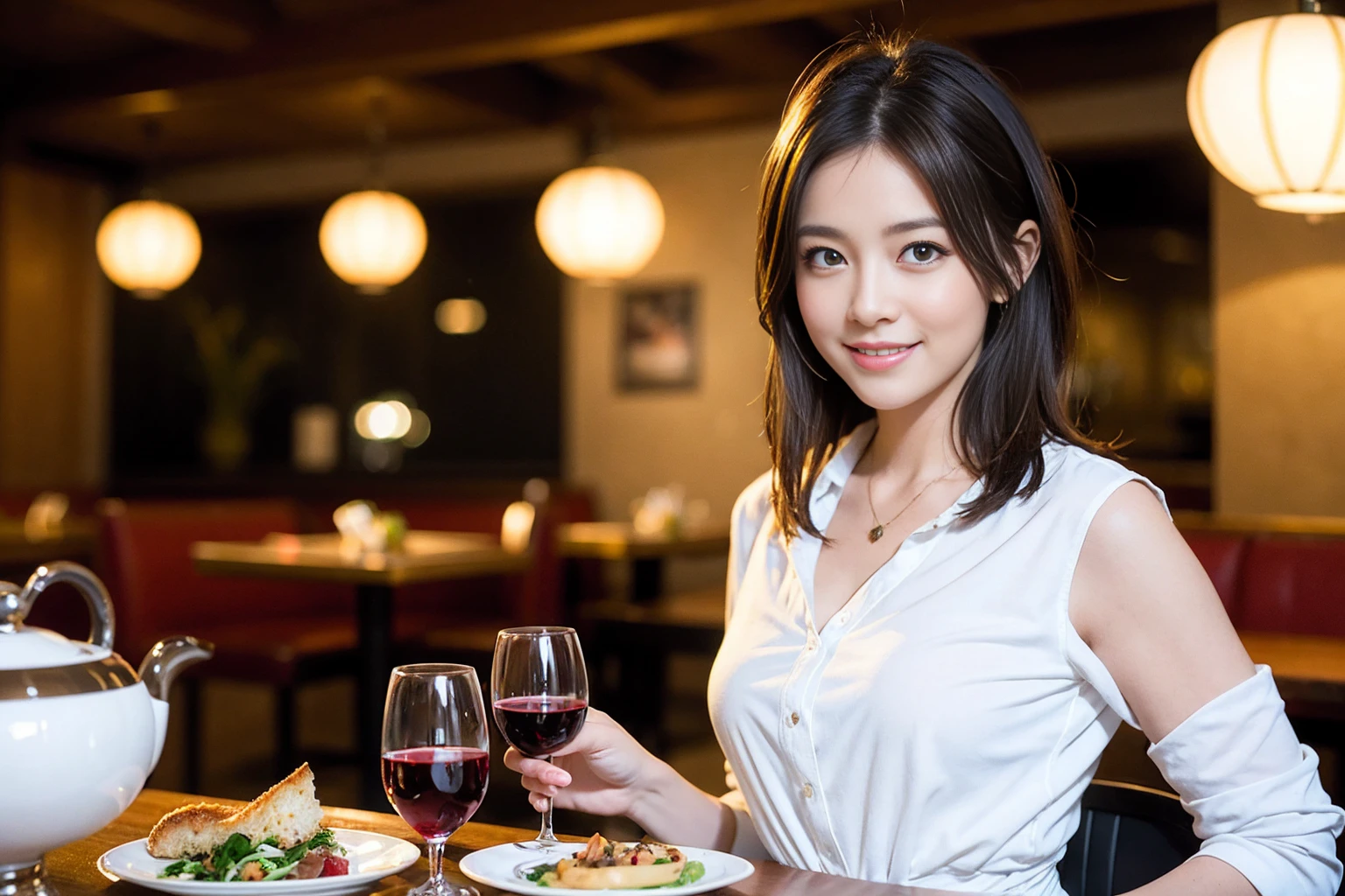 ((Highest quality、8K、masterpiece:1.3))、Yuuko Araki、slimカップル、ピンクmodelカップル、(Realistic, Intricate details:1.2), full-course dinner、Wine Party、Amazing view of the sunset sky and clouds、A bright smile、The wonderfulness of smile、Bright image、The beauty of wine, Beautiful Face, blue eyes, The light shines on your face, Blushing, short hair,Bright Face、42 years old,40 years old, red wine 、Appetizers、Italian food、Wine bottle、Champagne、sparkling wine、Two beauties、Brown Hair、Shortcuts、Long sleeve shirt、dress、Beautiful woman 1, (slimな顔), (The body is slim), (Brown Hair), (Shortcuts), cheeks turn a little red,Attractive beauty、restaurant, In a prominent place (From the waist up) Nova Frog Style, actress, model, Upper Body, White wine, slim, wine glass, 中央に置かれたwine glass, smile, (smile: 1.15), Beautiful fine grain, Depth f/2,saturation, High Contrast, Strong light and shadow,Moist Body:1.5、3D texture、Delicate eyes、Brown Hair、The hair is very shiny、