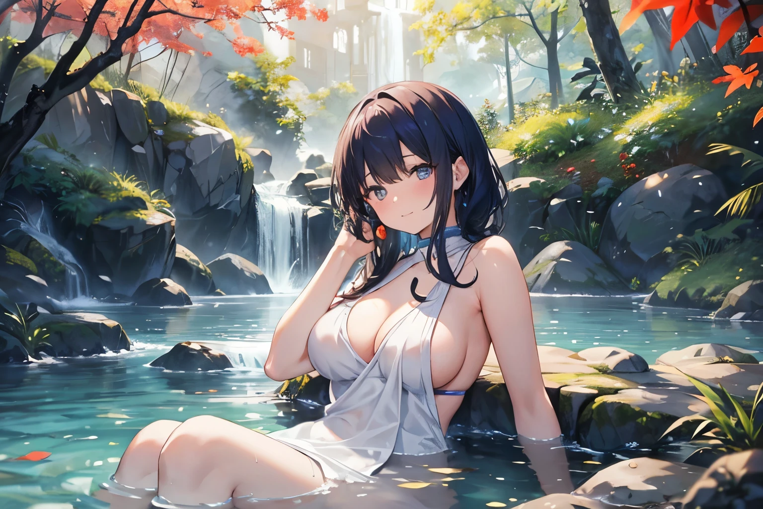 Woman relaxing in hot spring,20generation,Yang Liang、Colored leaves、Satisfied face,Cover your hair with a towel,Beautiful light of inspiration,Elegant water flow,Soothing atmosphere,Quiet and peaceful background,Large Breasts