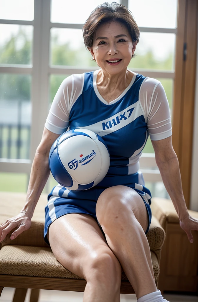(masterpiece:1.4),(66-year-old woman:1.5),(Facial wrinkles : 1.1), (short hair), (bright smile : 1.2), maternal, Mature Woman, (dressed as a volley ball player : 1.1), (volley ball uniform : 1.1), (pale white skin : 1), acnes, (plump thighs : 1.2), (upper body is skinny : 1), (beautiful calf : 1), wide hips, bright lighting, gymnasium, (Focus on the feet:1.4)