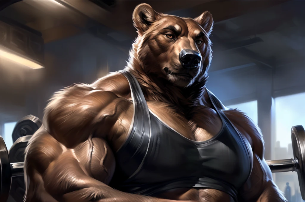 4k, high resolution, best quality, perfect colors, perfect shadows, perfect lighting, (close up, portrait, upper body shot), posted on e621, furry body, solo, anthro brown bear, (monotone brown fur:1.3), male, adult, (veiny biceps, strongman, manly, brutal, masculine:1.4), gym background, weights equipments, correct anatomy, night at the gym, (photorealistic detailed fur, epic, masterpiece:1.2), (by Taran Fiddler, by Chunie, by Rukis, Bonifasko lighting), detailed bear eyes, best posture, looking at the camera, (arms crossed:1.2), (detailed tactical gym tank:1.3), (black gym shorts:1.3)