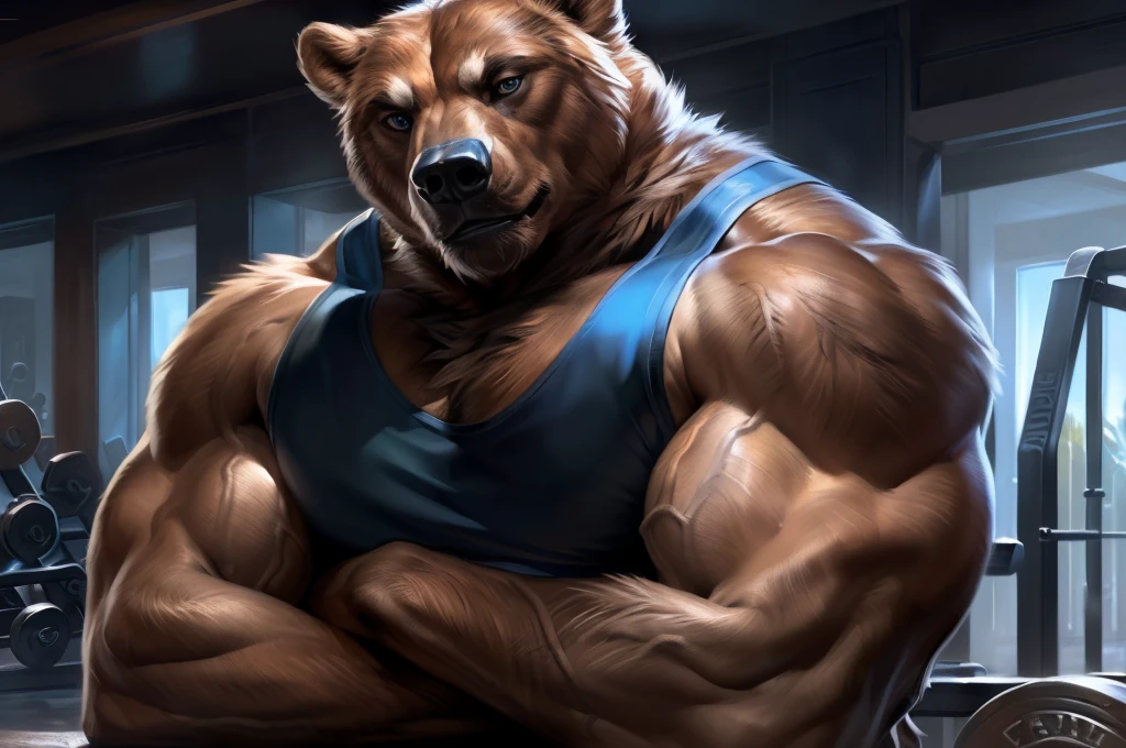 4k, high resolution, best quality, perfect colors, perfect shadows, perfect lighting, (close up, portrait, upper body shot), posted on e621, furry body, solo, anthro brown bear, (monotone brown fur:1.3), male, adult, (veiny biceps, strongman, manly, brutal, masculine:1.4), gym background, weights equipments, correct anatomy, night at the gym, (photorealistic detailed fur, epic, masterpiece:1.2), (by Taran Fiddler, by Chunie, by Rukis, Bonifasko lighting), detailed bear eyes, best posture, looking at the camera, (arms crossed:1.2), (detailed tactical gym tank:1.3), (black gym shorts:1.3)