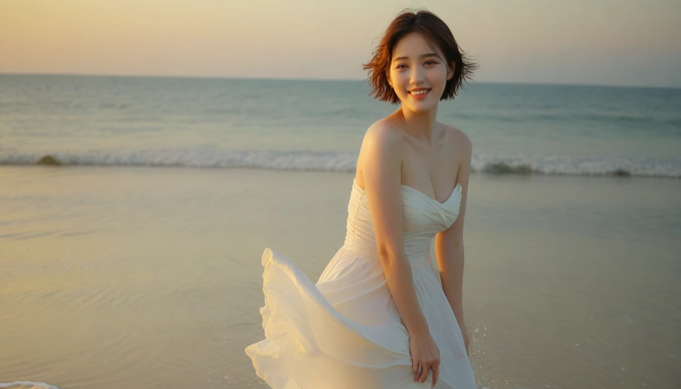 Beautiful Korean Woman, Chest size 34 inches, wear a light skirt, Looking at the sea from the beach at sunset. beautiful pretty woman look , wearing a light skirt , soaking feet in sea water, wet,burning sunset light, Short medium hair blowing in the wind, 1 woman, beautiful eyes, A slight smile, uhd