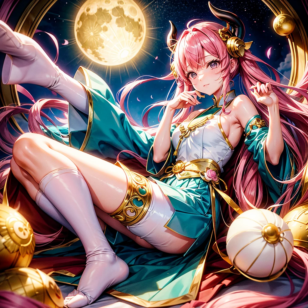 Miku Nakano posing for the camera wearing pink slippers ( pies), blue angelic (pants), yin yan dorado, long shiny gold hair, 2 large horns equal to the golden moon from free fire, black eyes.
Soft sunset lighting.