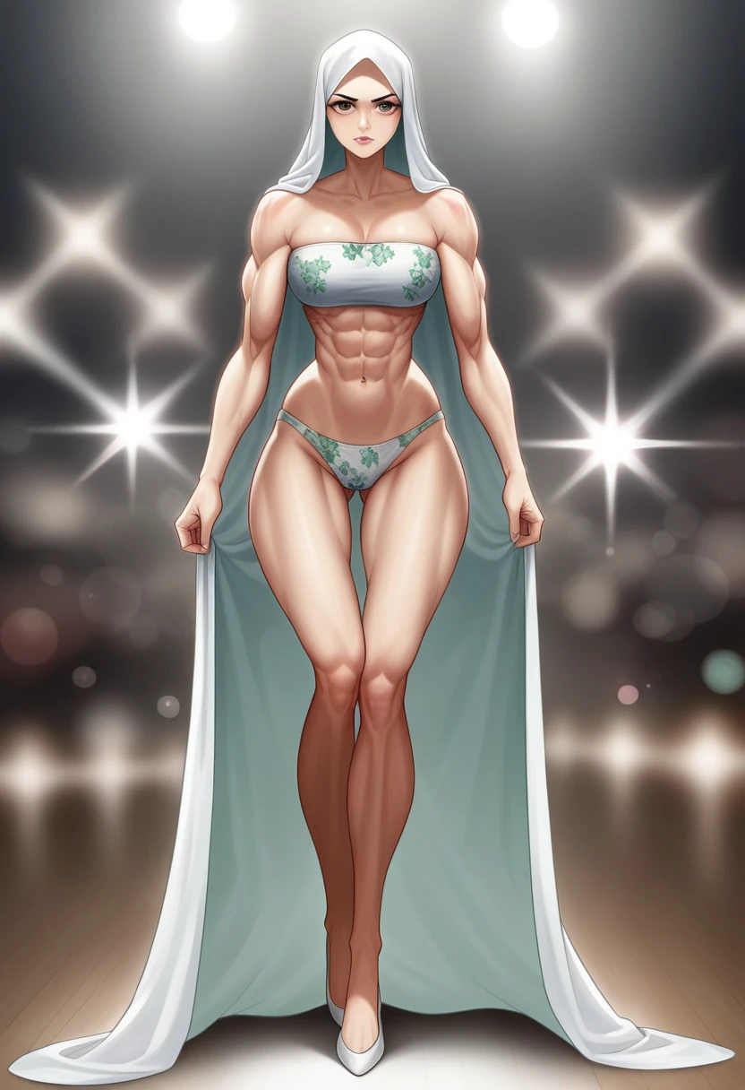 Transparent, ((SHORT HIJAB)), ((Gigantic tits:1.5)), (dynamic photograph of a 58 year old Indonesian woman), (slim top, cotton panties), (straight non curly hair), (highly detailed face:1.4), (vascular muscles and abs:1.3), (background inside light, bright, private gym:1.1), (8k, uhd, dslr, high quality, cinematic lighting, bokeh), (dramatic, award winning photography, incredible masterpiece:1.3), (((sexy sultry stare at camera:0.8))), ((she is ready to dominate you:0.5)), ((beautiful feminine face)), add_detail:1, ((Colourful strapless floral pattern))nude,full body