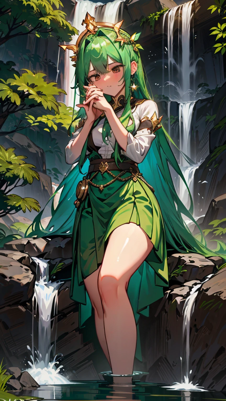 Near a majestic waterfall, the Giantess Goddess with emerald green skin and golden yellow eyes stands, her presence overshadowing the natural wonder. Her hair, a cascade of green water, mingles with the falling streams. Tourists below scramble to capture the perfect photo, oblivious until her immense fingers delicately pluck them from the rocks. Held against her cheek, their frightened gasps echo as she studies them with gentle curiosity before placing them back, unharmed but awestruck.