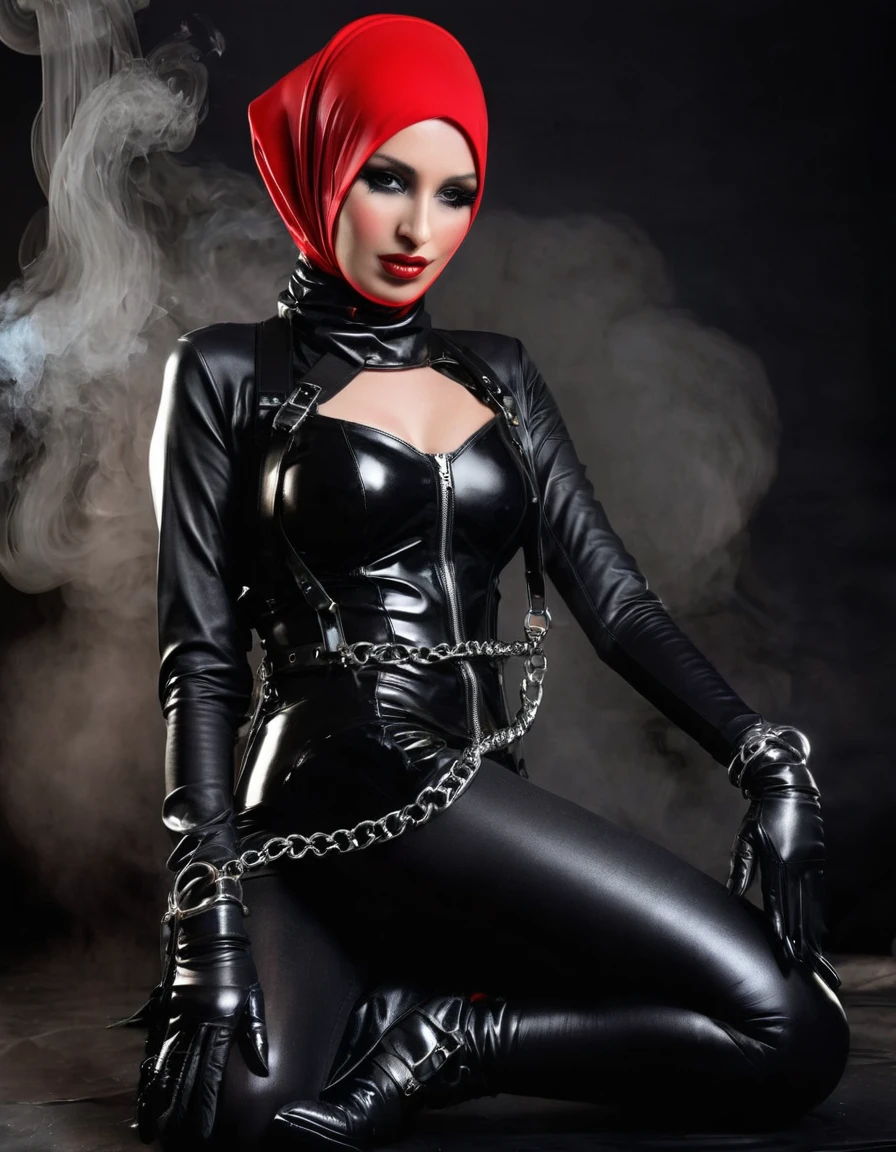 Very thin. Naked sexy model. in bdsm style. Latex hijab and doll mask. Shiny steel bracelets on top of black gloves. and Shiny steel bracelet necklaces are on her wrists. She wears a leather harness over her head and face. Leather garters on his feet.. Red, thick smoke in the background.