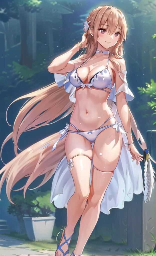 ((masterpiece))、(((Highest quality)))、((Super detailed))、((An illustration))、Attention to detail、Highly detailed CG Unity 8k、High resolution、美しいAttention to detail目、Attention to detail、美しいAttention to detail目,Anime Artwork Highly Detailed CG Unity 8K Wallpaper, Realistic, Swimwear, Long Hair, chest, (((White bikini with a flashy pattern))), alone, belly button, Day, Outdoor, chestの谷間, White bikini with a flashy pattern, Blonde, smile, null, blue null, very Long Hair, cloud, medium chest, side-tie bikini bottom, Blurred, clavicle, ribbon, Close your mouth, Blurred background, Thigh Gap, thigh ribbon, Halter neck, Are standing, jewelry, bangs, Stomach, Thigh straps, Floating Hair, Bare shoulders ,(((flip flops))),(((Brush your hair up))),(((Beautiful feminine fingers))),