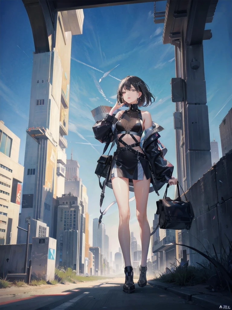 absurdres, RAW photo, extremely delicate and beautiful, masterpiece, Best Quality, ultra high resolution, 32k, hyperrealistic, ultra-detailed, in her 20s, delicate facial features, beautiful detailed girl, tearful mole, earring, medium breasts, full body shot, shorter middle hair, black hair, futuristic city standing tall in the midst of a desolate desert. beacon of advanced civilization, with high-tech buildings, floating vehicles, digital billboards,