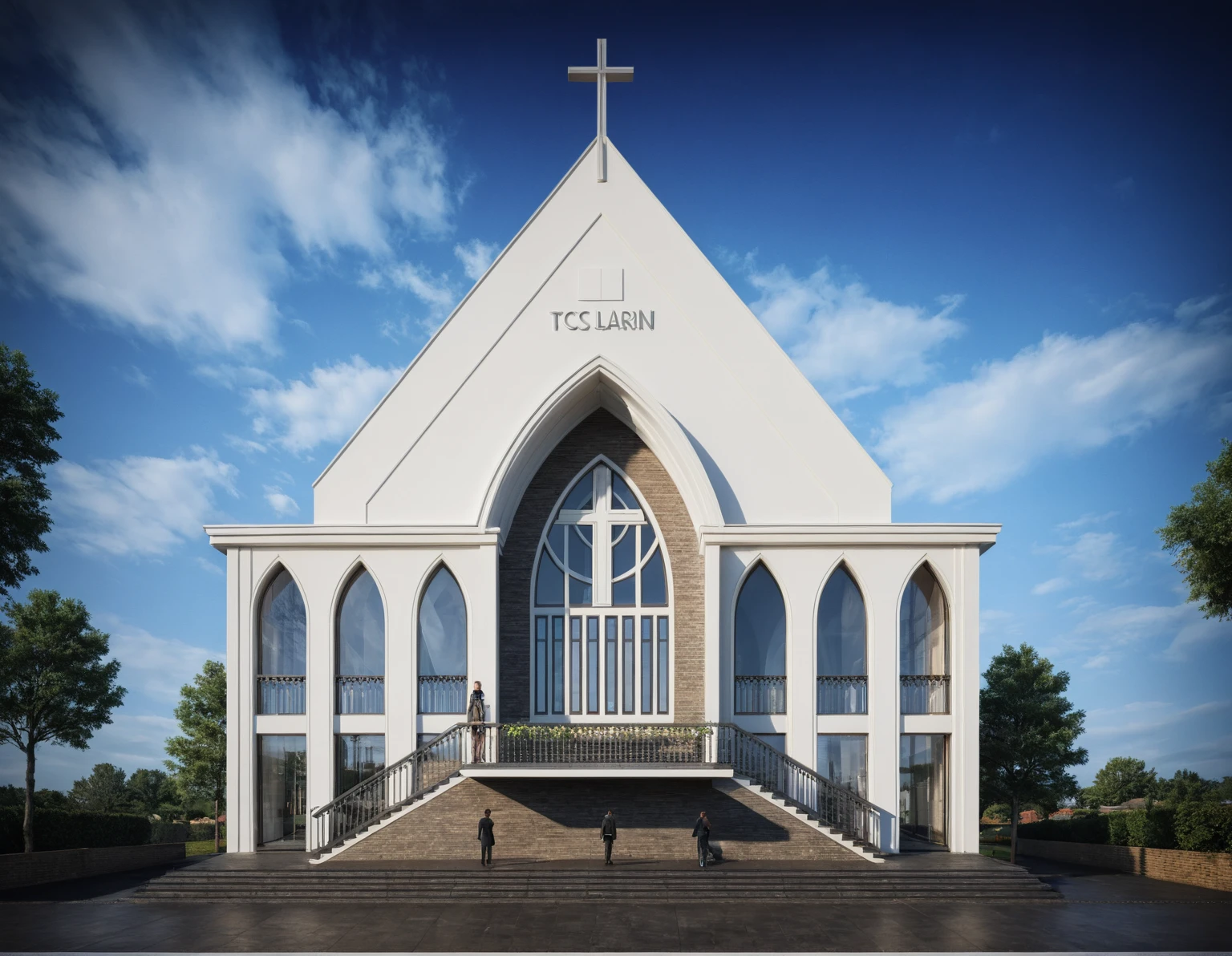 raw photo, best quality, ultra realistic, masterpiece, best quality skin, photography hd, dslr, tcs, httlvn, modern church, road, people, house, facade design, outdoors, church,