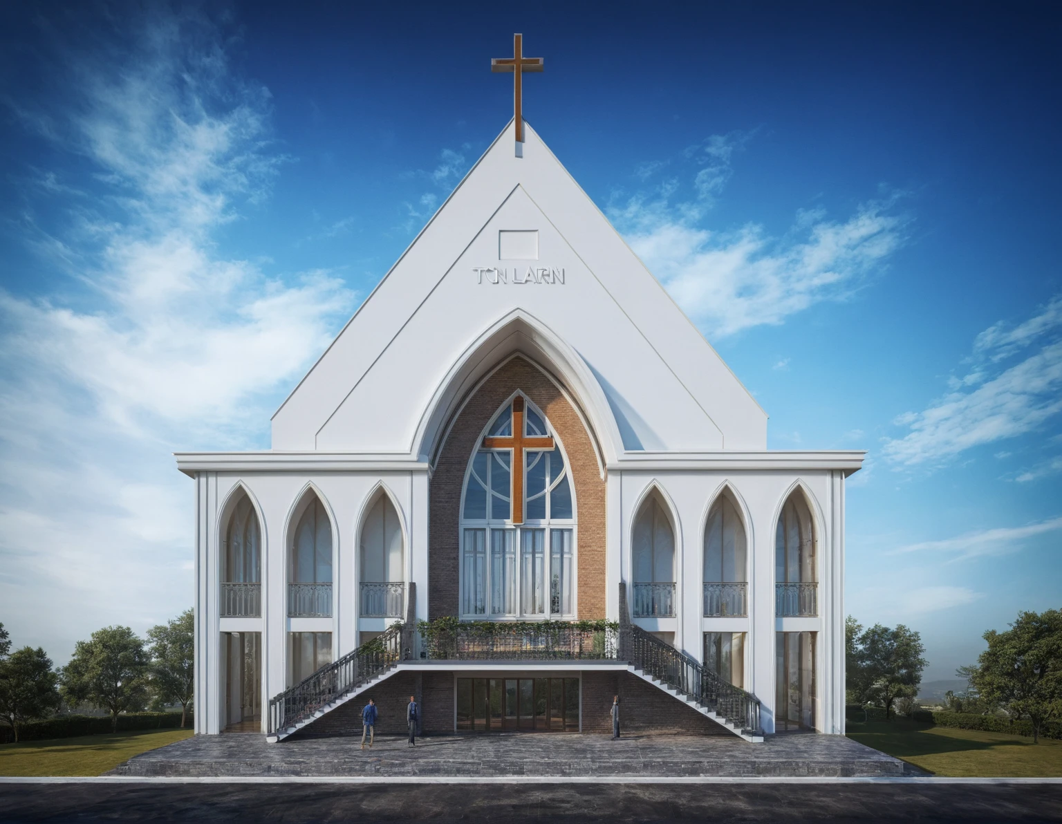 raw photo, best quality, ultra realistic, masterpiece, best quality skin, photography hd, dslr, tcs, httlvn, modern church, road, people, house, facade design, outdoors, church,