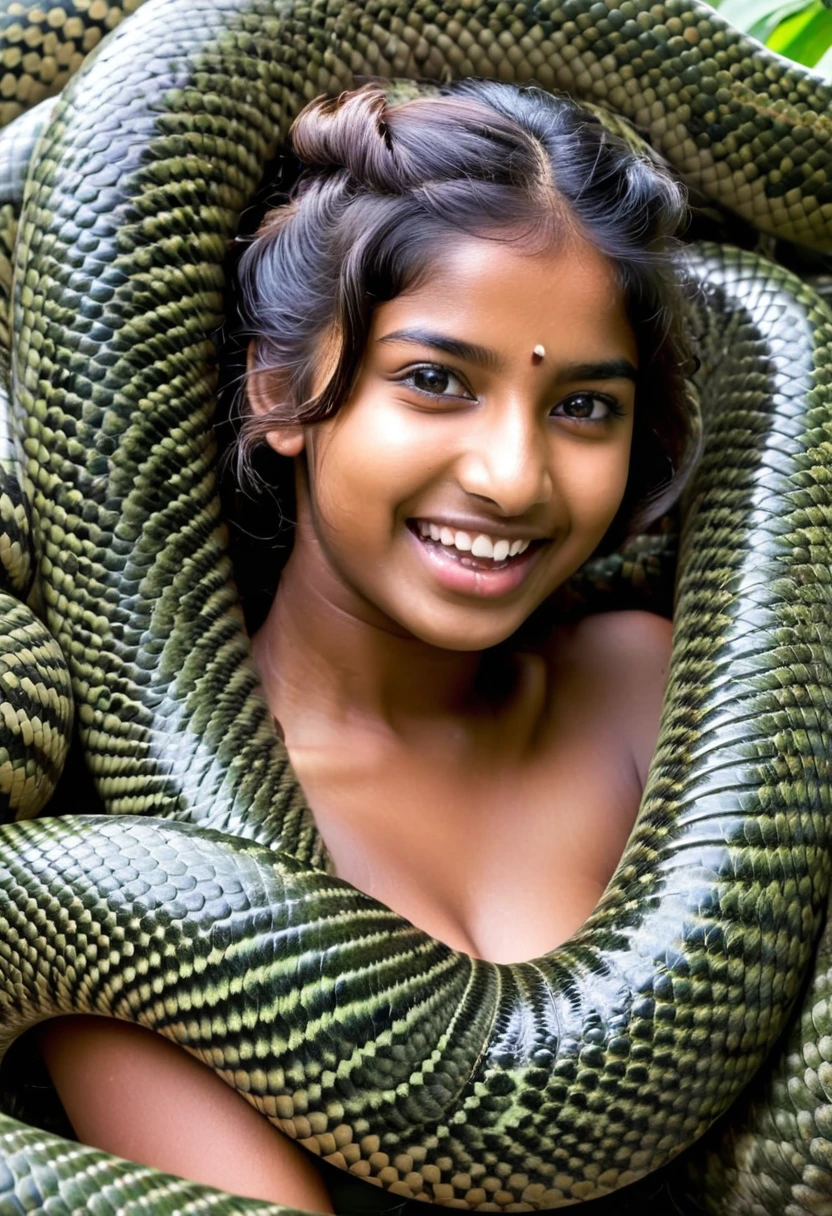 Happy Horny, aroused 1girl), beautiful Indian young teen girl with giant colossal Kaa monster squeezing her hard, wrapped in thick spiraling coils, constricted, struggle, gasping for air, snake attack, snake peril,