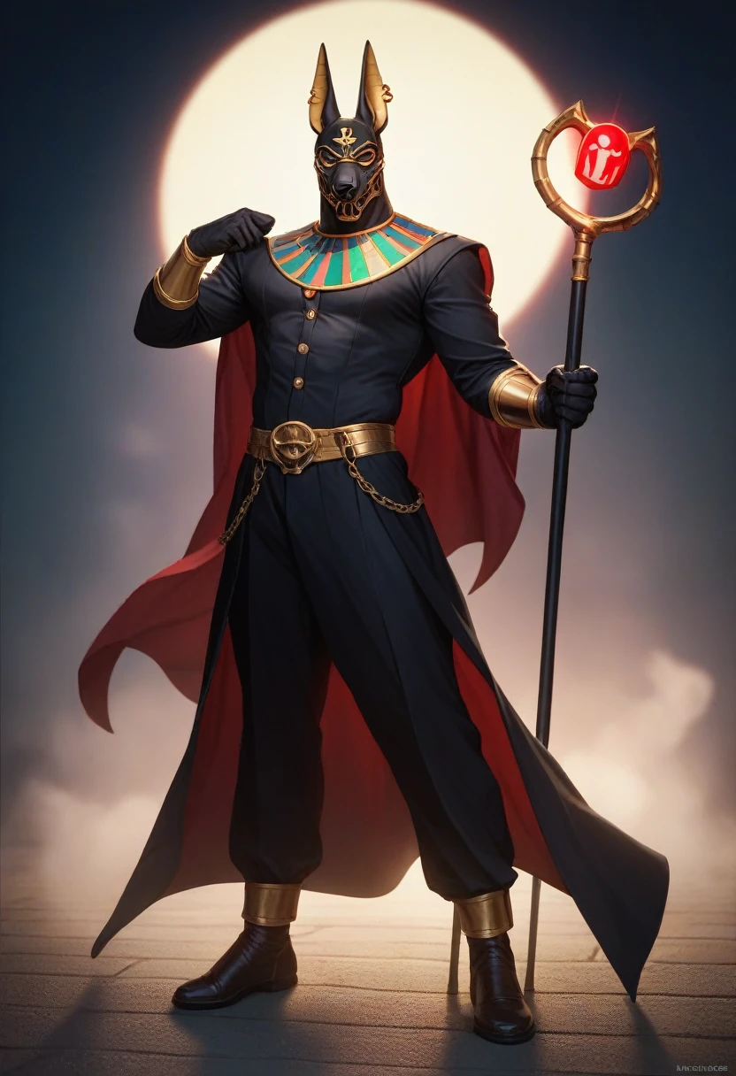 a man dressed as realistic zumbi Anubis halloween costume design, intimidating scary psychopathic man, anubis mask, dark energy, black costume, holding a staff, full body highly detailed, cinematic lighting, dramatic atmosphere party entrance, photorealistic, 8K, masterpiece