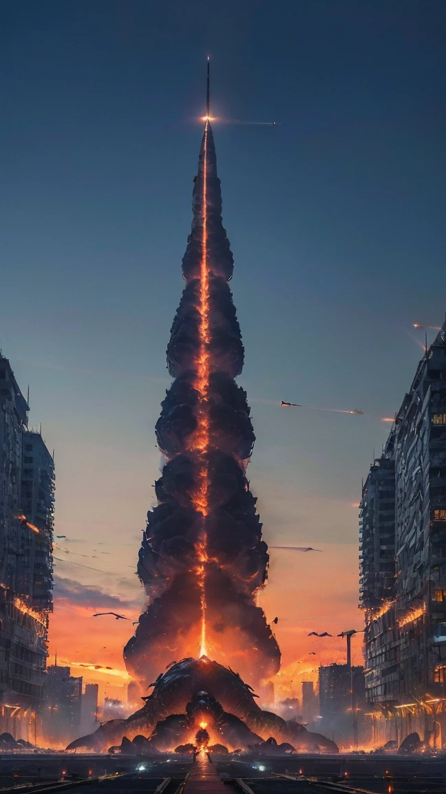 2737637048　Detailed and detailed 4K photography. (Future fighter jets in the sky fire missiles at the monster: 1.5) (The monster is standing in a city of buildings: 1.5), night, neon