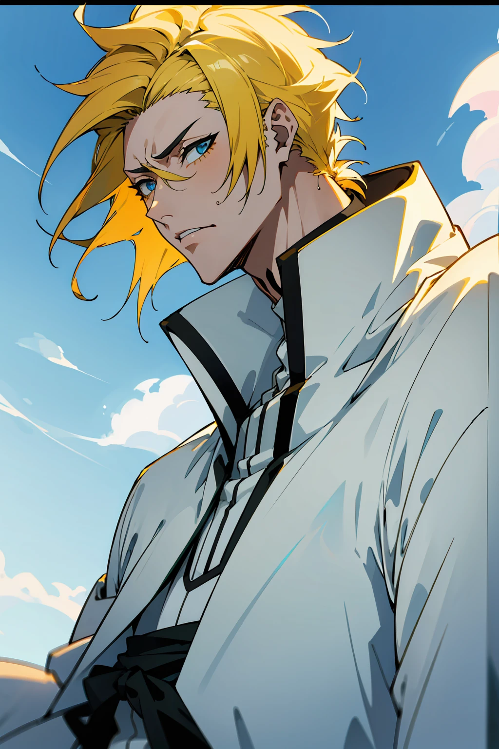 1male, Young Adult, Short Hair, YellowColored Hair, Black Highlights, Two Toned Hair, Sky Blue Eyes, Bleach, Hueco Mundo, Arrancar Clothing, Sunny, Muscular, White Coat, Detailed Eyes, Wavy Hair, Earring, Slicked Back Hair