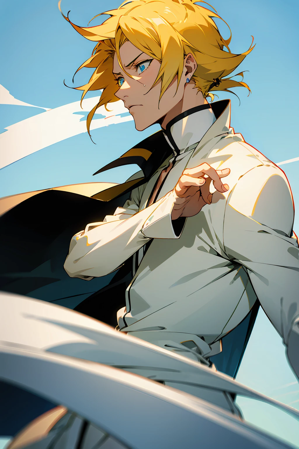 1male, Young Adult, Short Hair, YellowColored Hair, Black Highlights, Two Toned Hair, Sky Blue Eyes, Bleach, Hueco Mundo, Arrancar Clothing, Sunny, Muscular, White Coat, Detailed Eyes, Wavy Hair, Earring, Slicked Back Hair