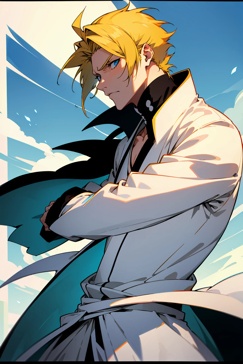 1male, Young Adult, Short Hair, YellowColored Hair, Black Highlights, Two Toned Hair, Sky Blue Eyes, Bleach, Hueco Mundo, Arrancar Clothing, Sunny, Muscular, White Coat, Detailed Eyes, Wavy Hair, Earring, Slicked Back Hair