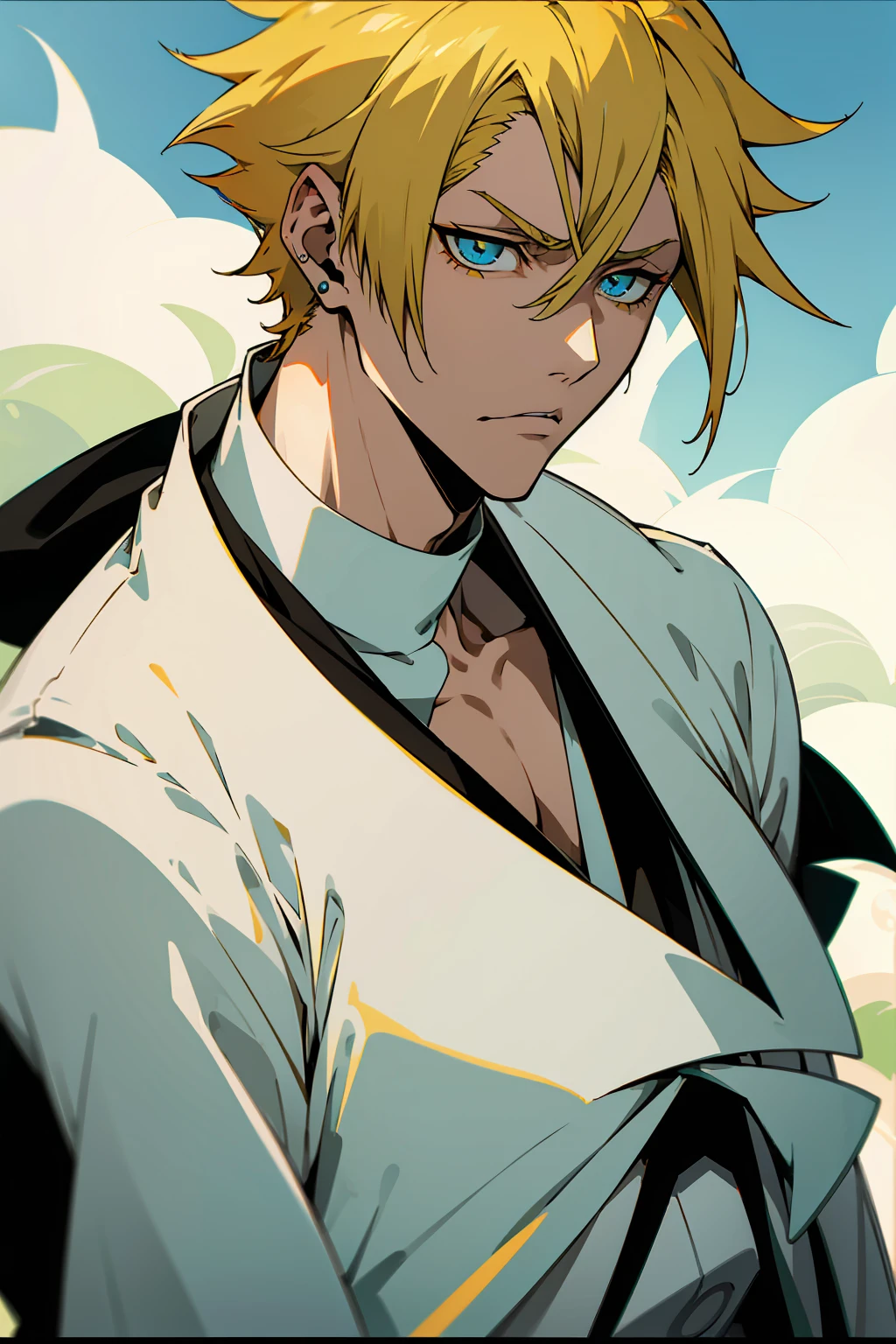 1male, Young Adult, Short Hair, YellowColored Hair, Black Highlights, Two Toned Hair, Sky Blue Eyes, Bleach, Hueco Mundo, Arrancar Clothing, Sunny, Muscular, White Coat, Detailed Eyes, Wavy Hair, Earring, Slicked Back Hair