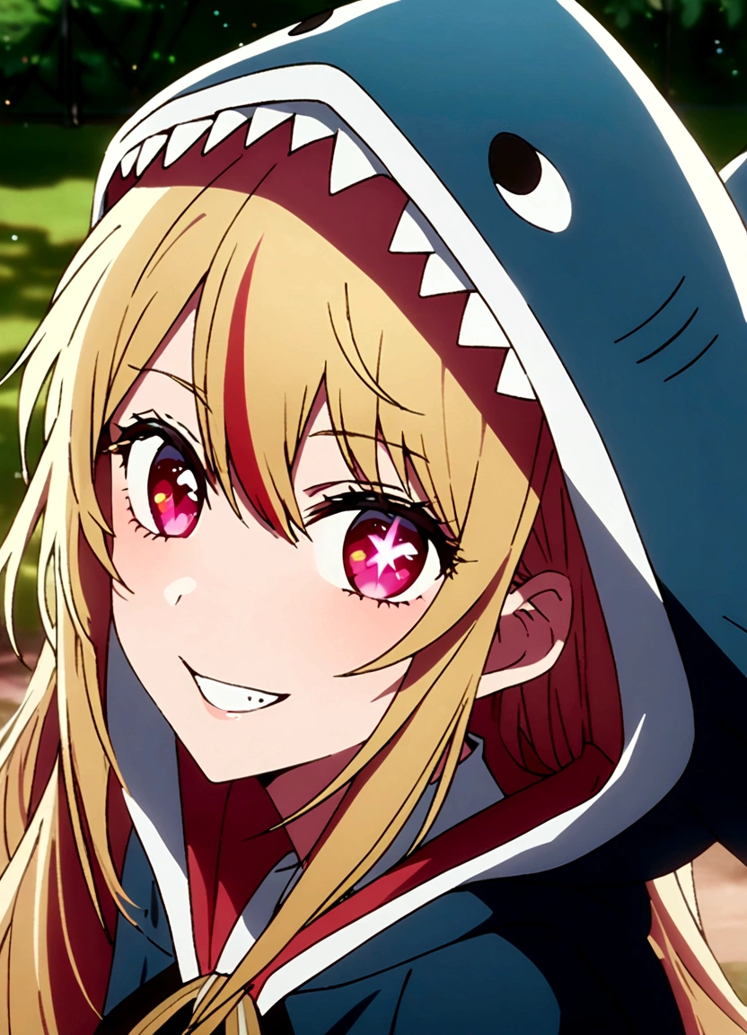 (A girl wearing a very large shark hood), hoshinoruby, star-shaped pupils, ruby_hoshino, idol, blonde hair, bangs, 1girl, pink eyes, long hair, looking at viewer, red eyes, streaked hair, best quality, masterpiece, high quality, extremely detailed CG unity 8k wallpaper, Furry, (fantastic and mysterious), amusement park, delicate background, luminous particles, complex details, (grin), from above,