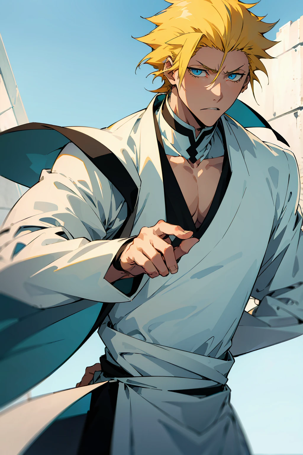 1male, Young Adult, Short Hair, YellowColored Hair, Black Highlights, Two Toned Hair, Sky Blue Eyes, Bleach, Hueco Mundo, Arrancar Clothing, Sunny, Muscular, White Coat, Detailed Eyes, Wavy Hair, Earring, Slicked Back Hair