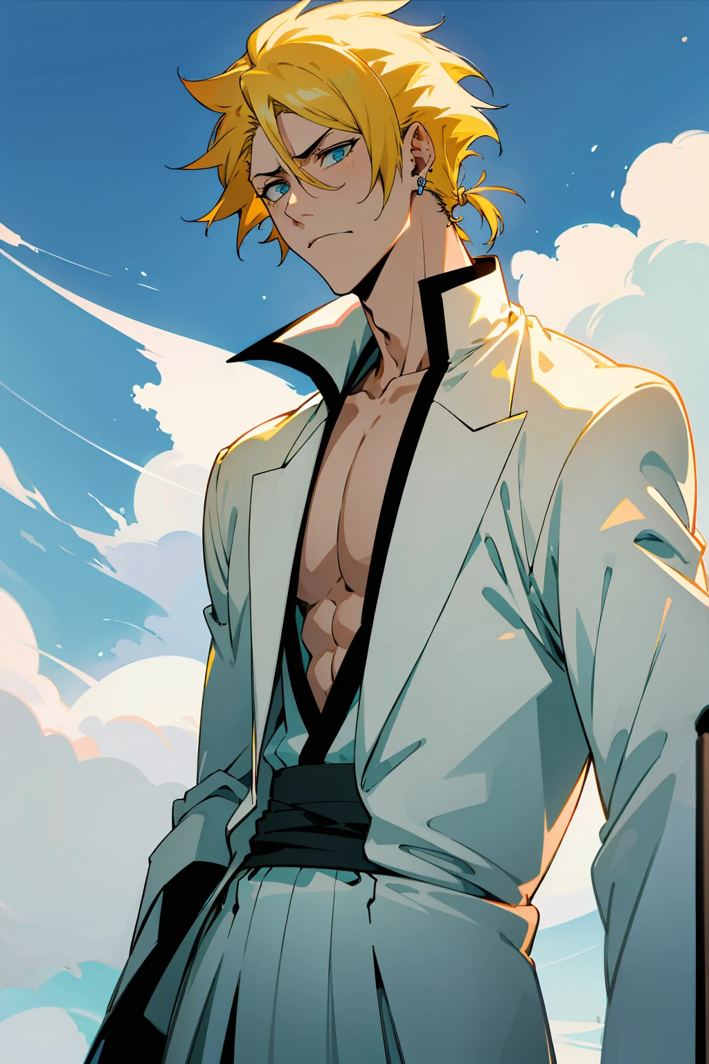 1male, Young Adult, Short Hair, YellowColored Hair, Black Highlights, Two Toned Hair, Sky Blue Eyes, Bleach, Hueco Mundo, Arrancar Clothing, Sunny, Muscular, White Coat, Detailed Eyes, Wavy Hair, Earring, Slicked Back Hair