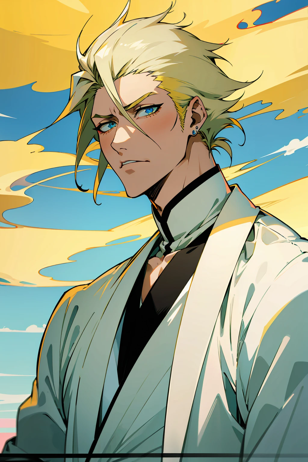 1male, Young Adult, Short Hair, YellowColored Hair, Black Highlights, Two Toned Hair, Sky Blue Eyes, Bleach, Hueco Mundo, Arrancar Clothing, Sunny, Muscular, White Coat, Detailed Eyes, Wavy Hair, Earring, Slicked Back Hair