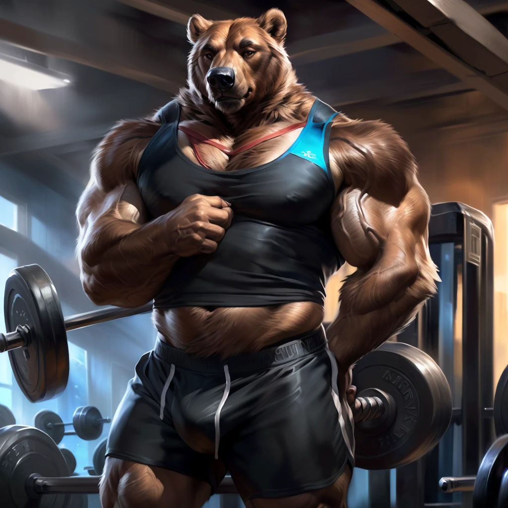 4k, high resolution, best quality, perfect colors, perfect shadows, perfect lighting, (close up, portrait, upper body shot), posted on e621, furry body, solo, anthro brown bear, (monotone brown fur:1.3), male, adult, (veiny biceps, strongman, manly, brutal, masculine:1.4), gym background, weights equipments, correct anatomy, night at the gym, (photorealistic detailed fur, epic, masterpiece:1.2), (by Taran Fiddler, by Chunie, by Rukis, Bonifasko lighting), detailed bear eyes, best posture, looking at the camera, (arms crossed:1.2), (detailed tactical gym tank:1.3), (black gym shorts:1.3)