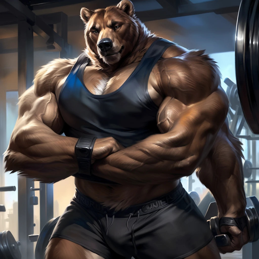 4k, high resolution, best quality, perfect colors, perfect shadows, perfect lighting, (close up, portrait, upper body shot), posted on e621, furry body, solo, anthro brown bear, (monotone brown fur:1.3), male, adult, (veiny biceps, strongman, manly, brutal, masculine:1.4), gym background, weights equipments, correct anatomy, night at the gym, (photorealistic detailed fur, epic, masterpiece:1.2), (by Taran Fiddler, by Chunie, by Rukis, Bonifasko lighting), detailed bear eyes, best posture, looking at the camera, (arms crossed:1.2), (detailed tactical gym tank:1.3), (black gym shorts:1.3)