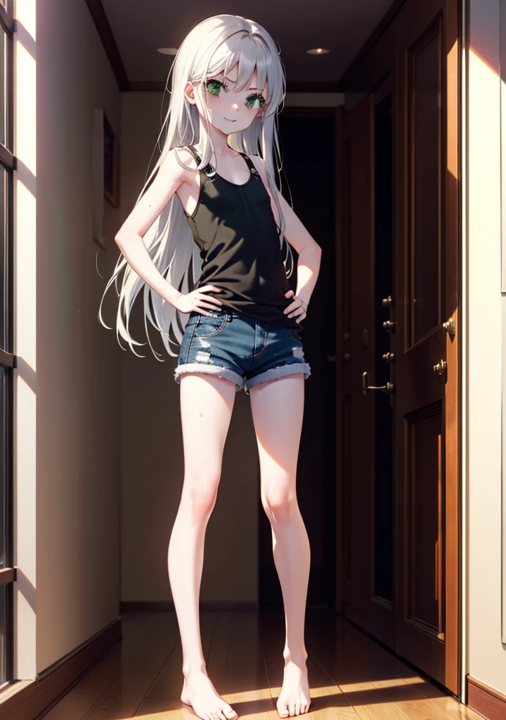 index, index, (Green Eyes:1.5), Silver Hair, Long Hair, (Flat Chest:1.2),smile,Angry,Sweat,Sheer white tank top,Shorts,barefoot,barefoot,Place your hands on your hips,Standing with your legs apart,
break looking at viewer, whole body,
break indoors, Home,entrance,
break (masterpiece:1.2), Highest quality, High resolution, unity 8k wallpaper, (figure:0.8), (Beautiful attention to detail:1.6), Highly detailed face, Perfect lighting, Highly detailed CG, (Perfect hands, Perfect Anatomy),