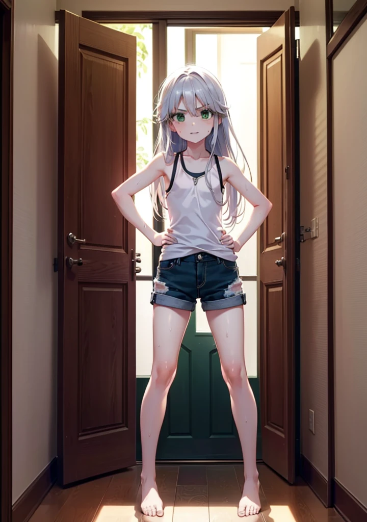 index, index, (Green Eyes:1.5), Silver Hair, Long Hair, (Flat Chest:1.2),smile,Angry,Sweat,Sheer white tank top,Shorts,barefoot,barefoot,Place your hands on your hips,Standing with your legs apart,
break looking at viewer, whole body,
break indoors, Home,entrance,
break (masterpiece:1.2), Highest quality, High resolution, unity 8k wallpaper, (figure:0.8), (Beautiful attention to detail:1.6), Highly detailed face, Perfect lighting, Highly detailed CG, (Perfect hands, Perfect Anatomy),