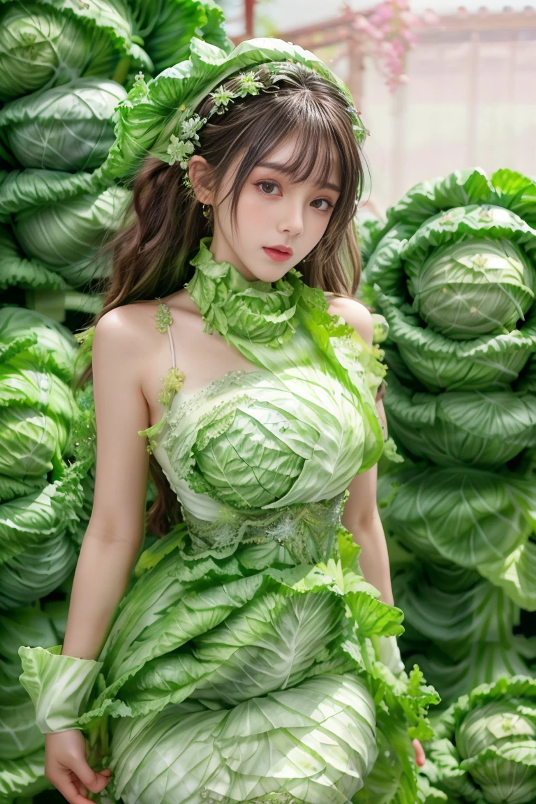 Canon RF85mmf/1.2,masterpiece,Highest quality,Ultra-high resolution,1 Girl,Are standing,length legs,(Korean mixed race,K-Pop Idols:1.2),alone,Realistic hands,very white skin,Iris,necklace,length_brown_Wavy_ hair,Red lips,eyelash,前hair,compensate,Glossy Lips,pore,Skin Texture,jewelry,bracelet,Big Breasts,((white_skinny_seifuku:1.5),(Cabbage Dress:1.5),(Botanical_garden_background:1.2))