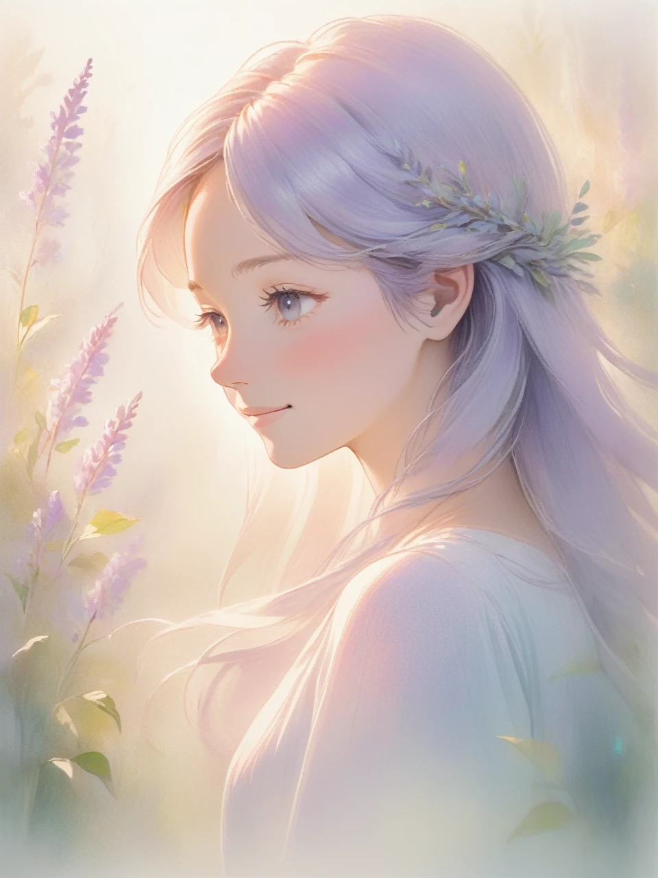 Title: "Ethereal Whisper: The Subtle Smile of Serenity"
ArtStyle: Colored Pencil Drawing
  - Texture: Soft and ethereal, with a focus on delicate shading
  - Color Palette: Pastel tones with an emphasis on light blues, pinks, and lavenders to convey transparency and gentleness
SceneDescription:
  - Subject: A close-up portrait of a person with a gentle, side-profile view
    - Features: Delicately defined, with an emphasis on the clarity and purity of the subject's complexion
    - Expression: A subtle, serene smile, conveying a sense of inner peace and contentment
    - Eyes: Softly closed or gazing downwards, enhancing the feeling of introspection and calm
  - Hair: Light and airy, possibly with wispy strands highlighted by the sunlight, adding to the sense of translucence
  - Background: A blurred, dreamlike backdrop
    - Elements: Suggestive of a serene natural setting, like a soft-focus garden or a watercolor sky
  - Lighting: Soft, diffused light illuminating the subject's face, highlighting the transparency and purity of their expression
Mood: Peaceful and introspective, capturing a moment of quiet joy and ethereal beauty