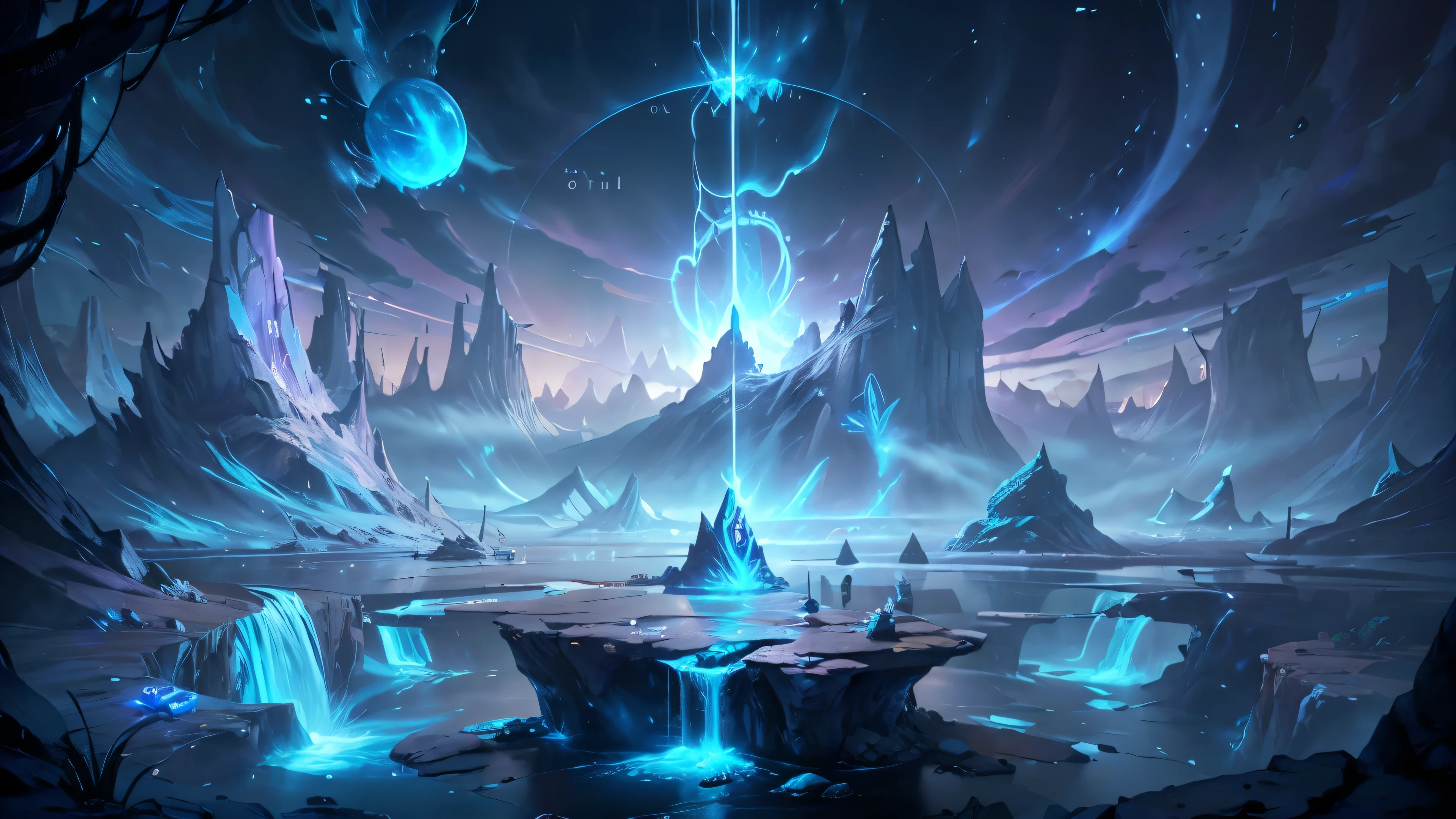 There is a big waterfall,Light came out of it, Concept Art Magic Highlights, 8K HD wallpaper JPEG artifact, 8K HD wallpaper JPEG artifact, League of Legends Arcane, floating sigils, floating rune, The soul coming out of the portal, Matte Mystery Dota Pixar, Glowing Concept Art